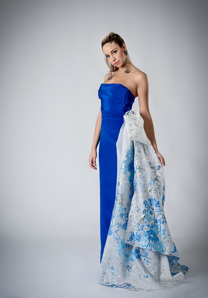 Blue floral jacquard organza couture overskirt with gold threads, designed to elevate an evening gown in Toronto.
