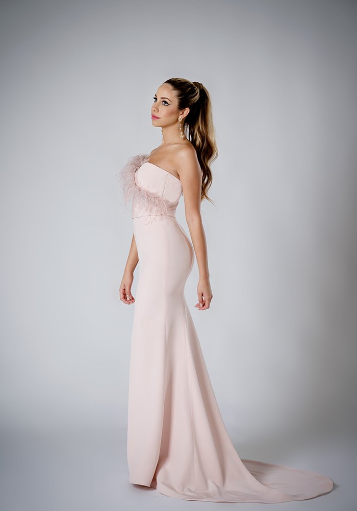 Blush silk crepe strapless evening gown with a built-in corset, ostrich feather detail, detachable belt, and elegant train in Toronto.