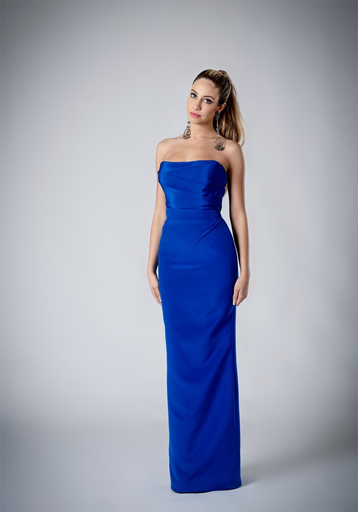 Cobalt blue silk crepe strapless evening gown with draped bodice, built-in corset, column skirt, and back slit.