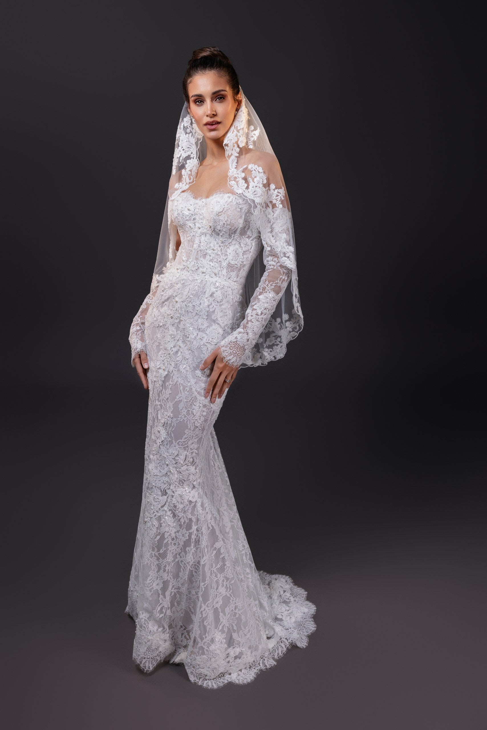 Francesca beaded lace strapless mermaid wedding gown with hand-cut appliqués, built-in corset, and dramatic lace train in Toronto.