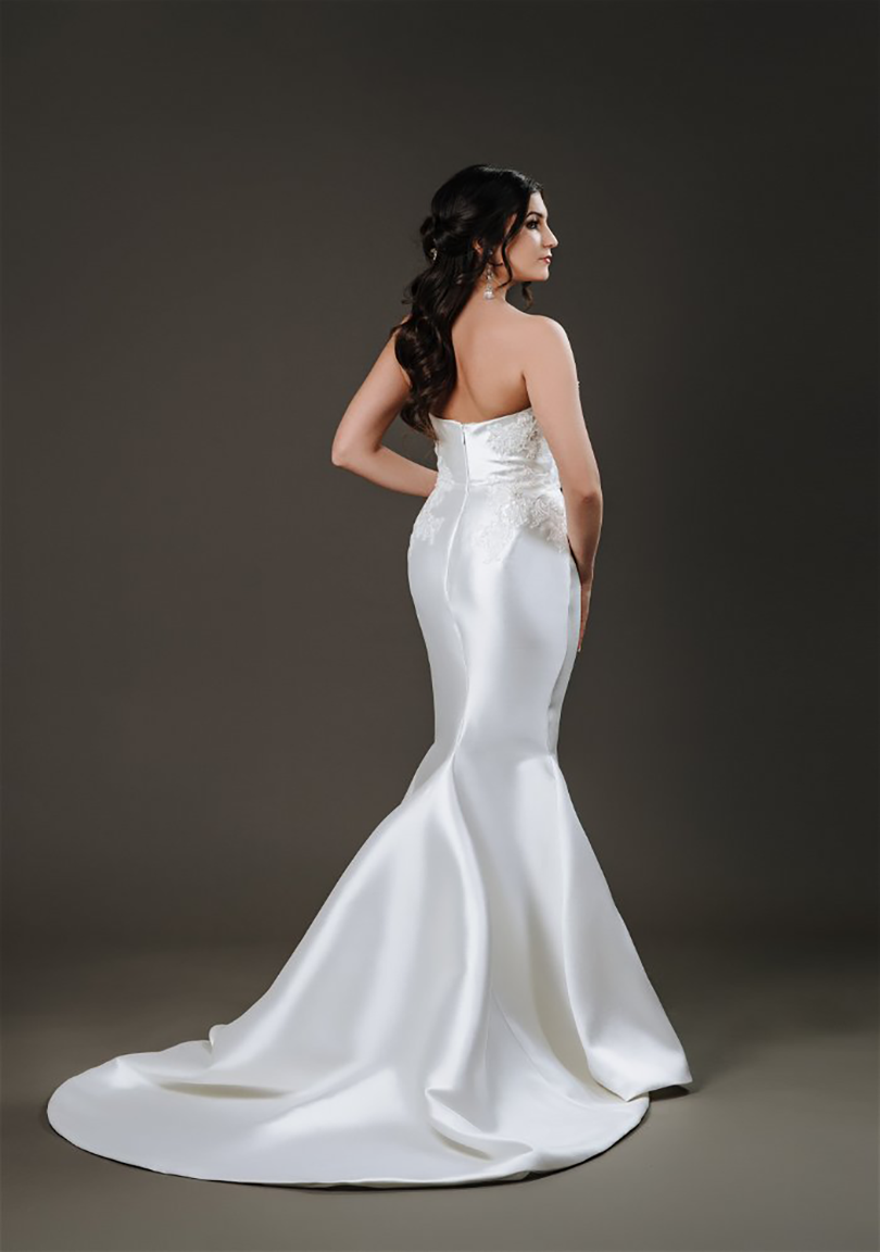 Helen strapless Mikado mermaid wedding gown with sculpted neckline and lace appliqué bodice.