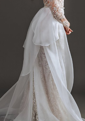 Josephine ivory silk organza bridal overskirt with cascading layers and flowing train.