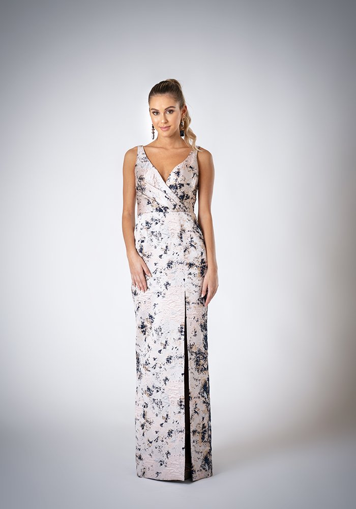 Metallic floral jacquard column evening dress with a draped bodice, deep V-back, and high front slit in Toronto.